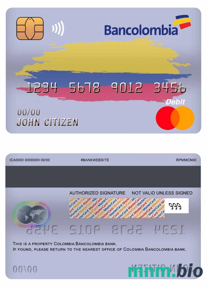 Colombia Bancolombia bank master debet karta przykład w formacie PSD